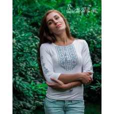 Embroidered t-shirt with 3/4 sleeves "Lace" turquise on white